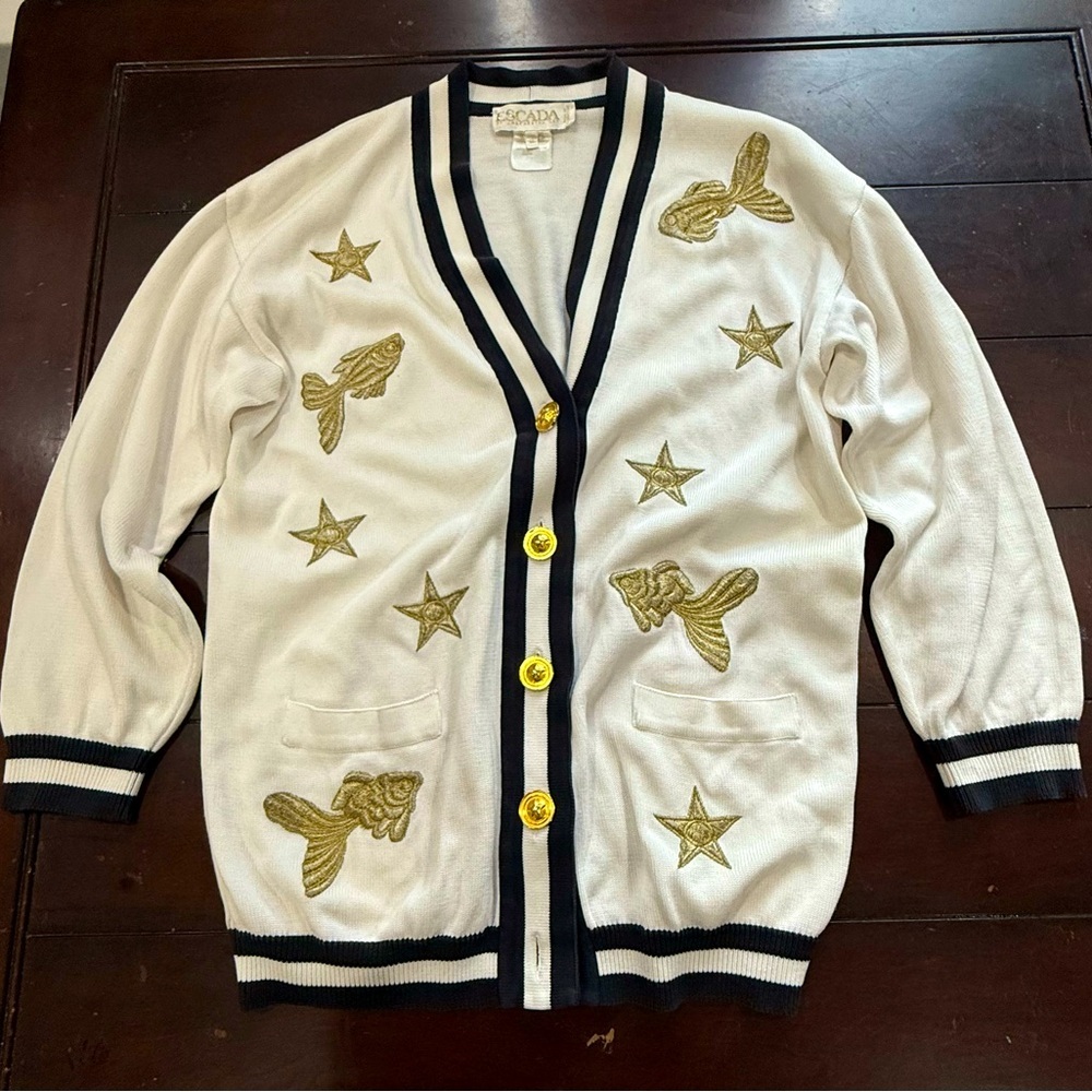 Escada by Margaretha Ley Cardigan Sweater Women’s Sz38 Goldfish Star Embroidered